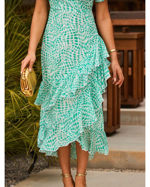 Sosandar Green Petite Abstract Print Layered Hem Angel Sleeve Maxi Dress