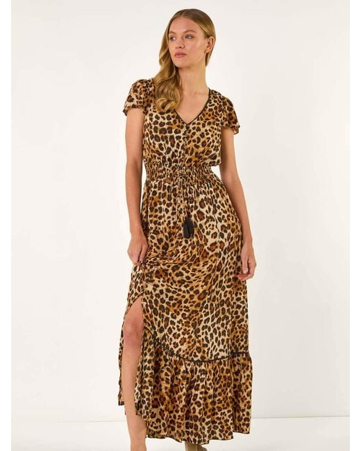 Roman Natural Animal Print Shirred Maxi Dress