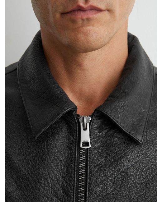 Reiss Black Ortega Leather Collared Zip-Through Jacket for men