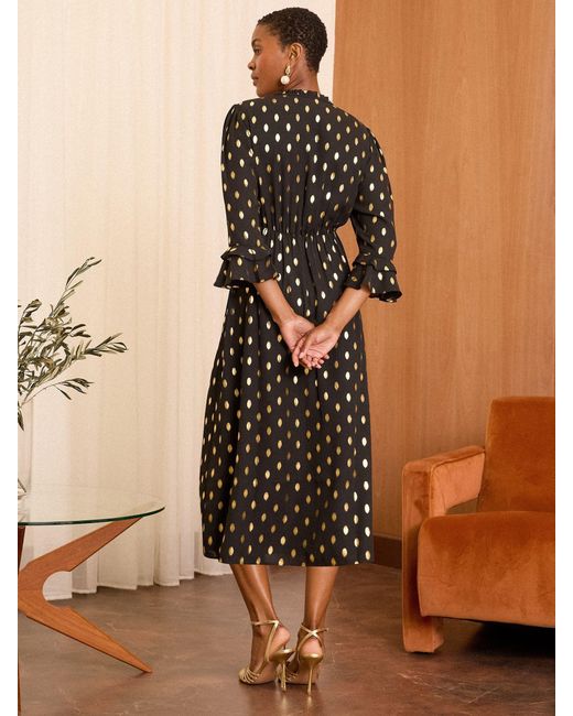 Love & Roses Brown Dash Foil Flute Sleeve Midi Dress