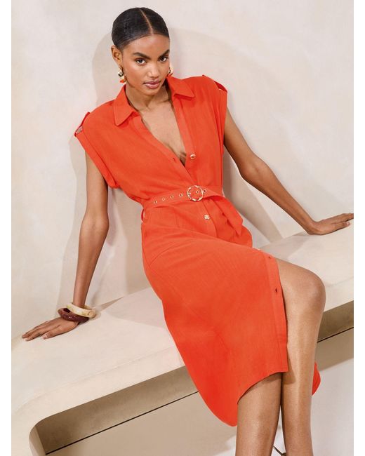 Lipsy Orange Short Sleeve Linen Look Button Down Midi Shirt Dress