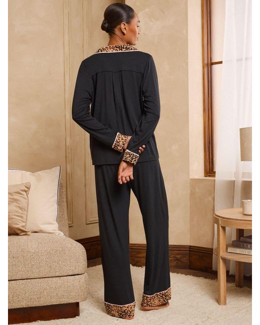Love & Roses Black Leopard Tipped Jersey Button Through Pyjamas Set
