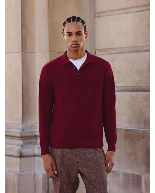 Next Red Texture Regular Fit Essential Long Sleeve Knitted Polo Shirt for men