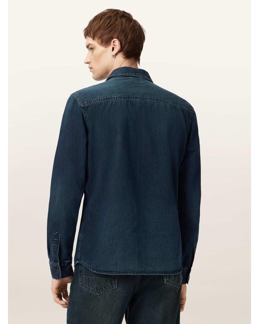 AllSaints Blue Allsaints Gleason Long Sleeve Press Stud Shirt for men