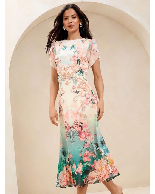 Lipsy Green Ombre Floral Print Tulip Sleeve Fit And Flare Midi Dress