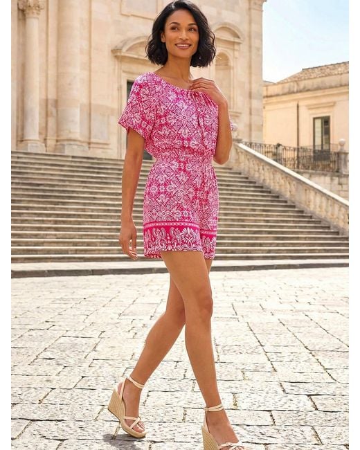 Roman Pink Abstract Border Print Playsuit