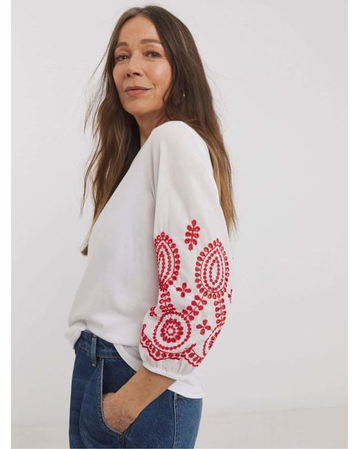 JD Williams Red 100% Cotton Broderie 3/4 Length Sleeve Crew Neck Blouse