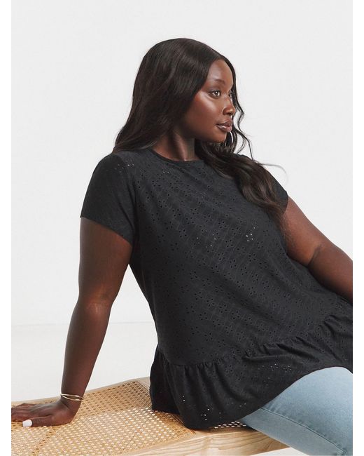 Simply Be Black 100% Cotton Broderie Cap Sleeve Peplum Top