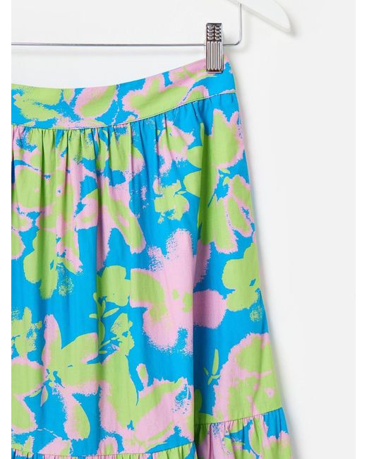 Oliver Bonas Blue 100% Cotton Luminous Floral Tiered Midi Skirt