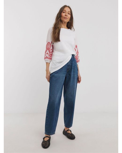 JD Williams Red 100% Cotton Broderie 3/4 Length Sleeve Crew Neck Blouse