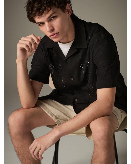 Next Black 100% Cotton Textured Broderie Short Sleeve Shirt for men