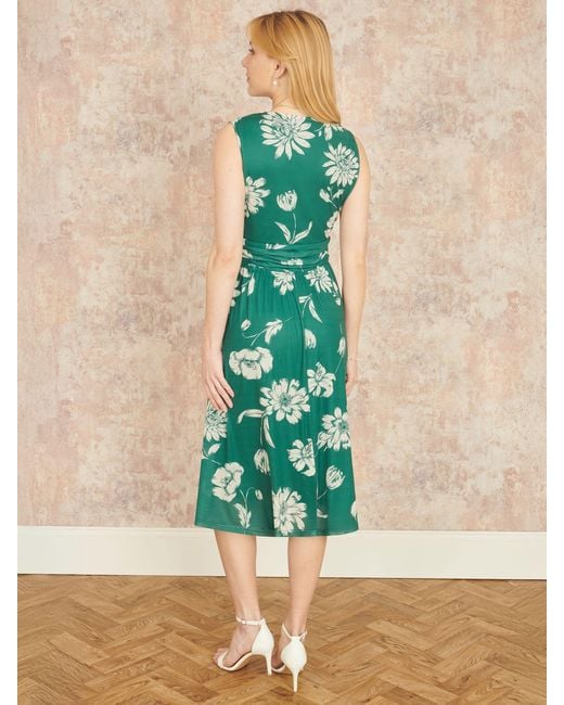 Yumi' Green Floral Print Stretch Mesh Dress With Pockets