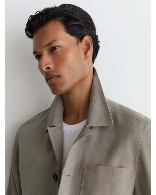 Reiss Gray Wilstead Suede Button-Through Trucker Jacket for men