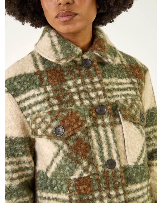 Roman Green Check Print Button Borg Jacket
