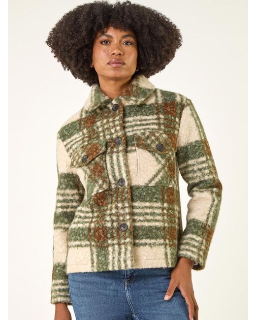 Roman Green Check Print Button Borg Jacket