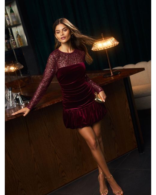 Lipsy Black Velvet Embellished Sequin Long Sleeve Puffball Mini Dress