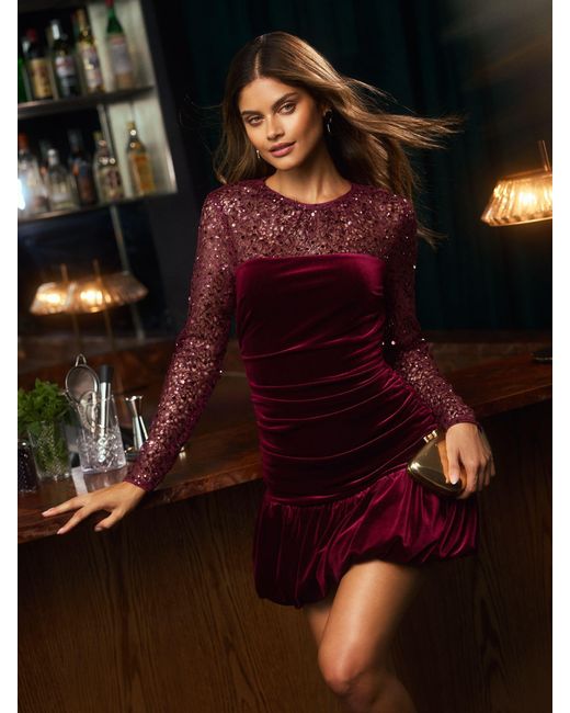 Lipsy Black Velvet Embellished Sequin Long Sleeve Puffball Mini Dress