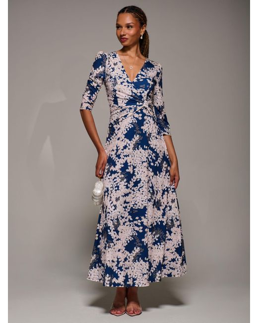 chinese dress ladies Jolie Moi Kinley Print Wrap Mesh Maxi Dress, Navy Leaf