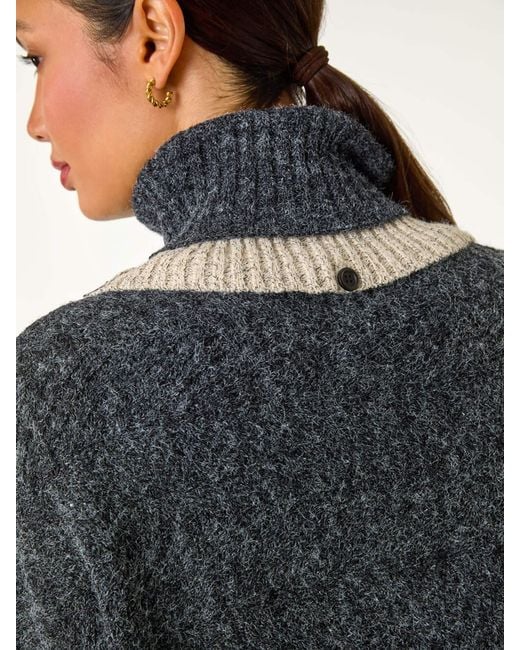 Roman Gray Contrast Roll Neck Button Knit Poncho