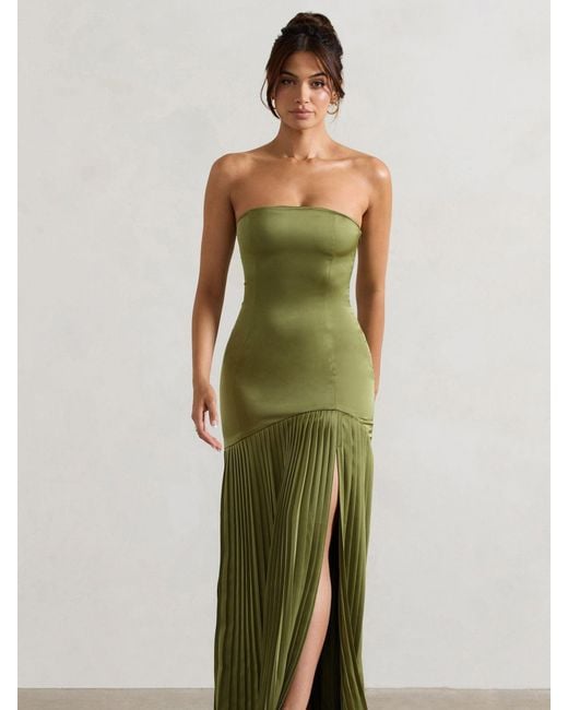 Club L London Green Confidence Satin Bandeau Pleated Split Maxi Dress