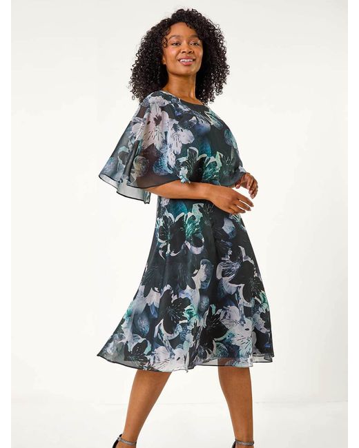 Roman Black Petite Abstract Floral Print Cape Dress