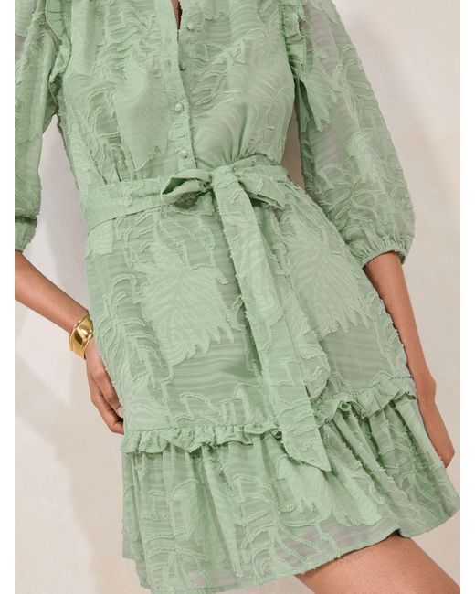 Lipsy Green Textured Burnout 3/4 Sleeve Belted Mini Shirt Dress