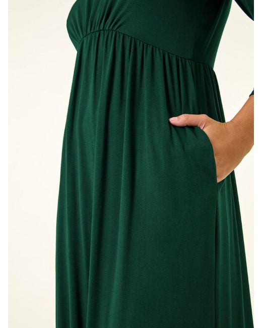 Roman Green Gathered Pocket Stretch Midi Dress