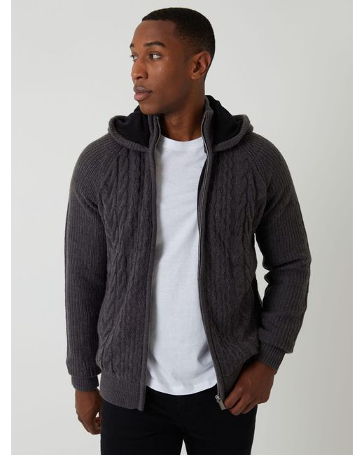 Threadbare Gray Cable Knit Microfleece Lined Zip Through Hoodie for men