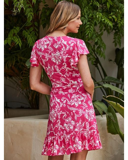 Sosandar Pink Floral Print Fluted Hem Dress