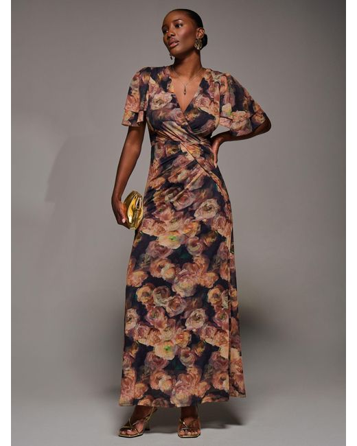 Jolie Moi Brown Angel Sleeve Draped Mesh Maxi Dress