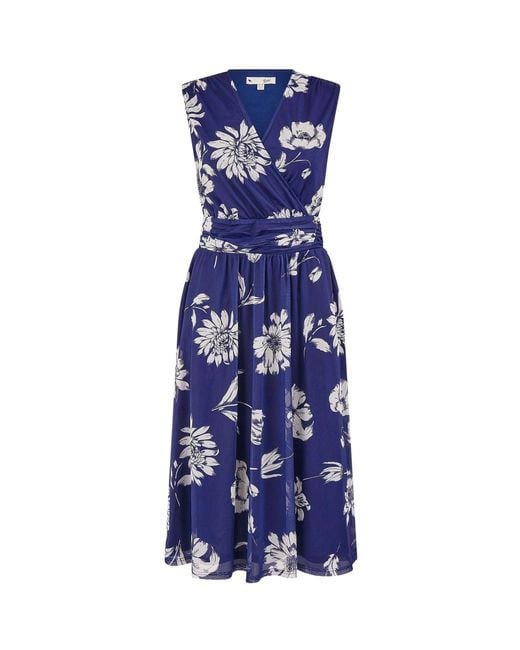 Yumi' Blue Floral Print Stretch Mesh Dress With Pockets