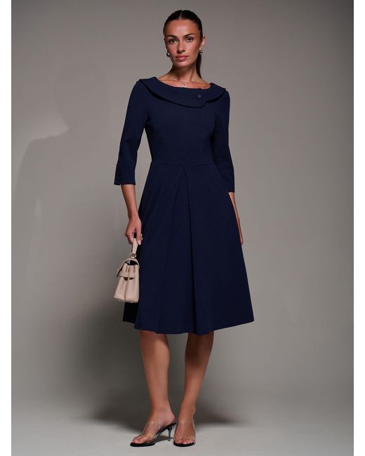 Jolie Moi Blue Buttoned Fold Collar Midi Dress