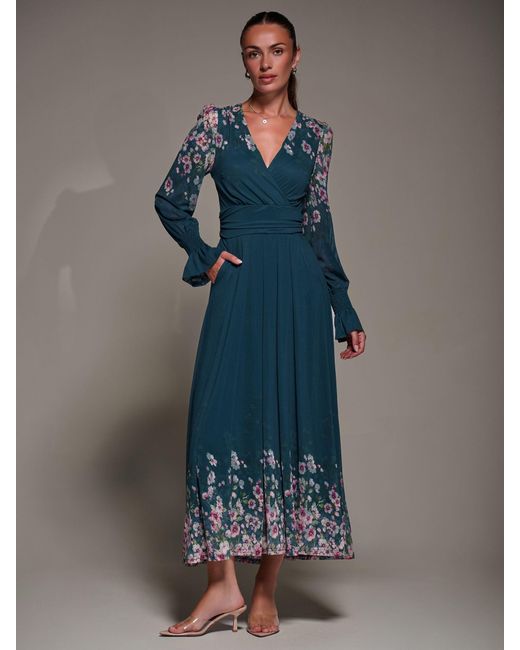 Jolie Moi Blue Mirrored Print Long Sleeve Mesh Maxi Dress