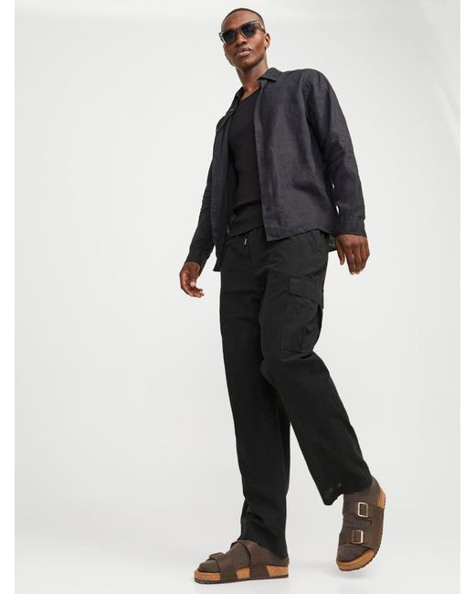 Jack & Jones Black Loose Fit Linen Blend Cargo Trousers for men