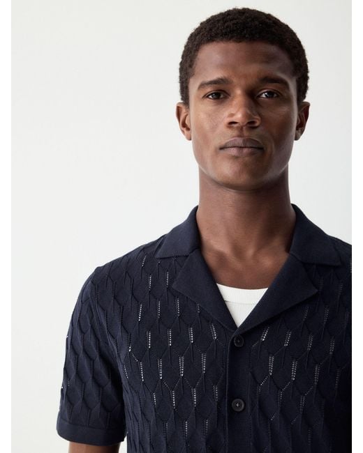 Next Blue Regular Fit 100% Cotton Short Sleeve Cuban Collar Knit Pointelle Shirt for men