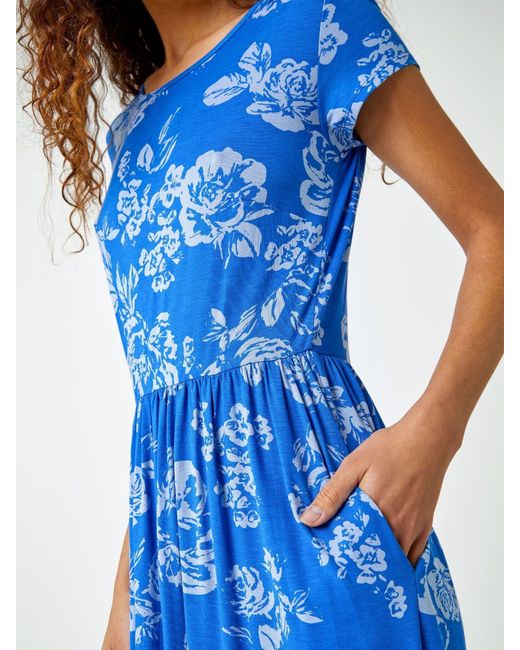 Roman Blue Floral Print Midi Stretch Dress