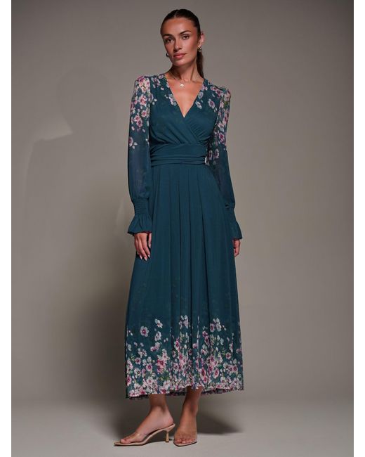 Jolie Moi Blue Mirrored Print Long Sleeve Mesh Maxi Dress