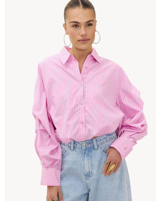Loavies Pink Stripe Ruched Sleeve Blouse