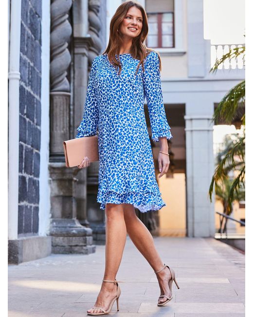 Sosandar Blue Ditsy Floral Print Ruffle Hem Shift Dress