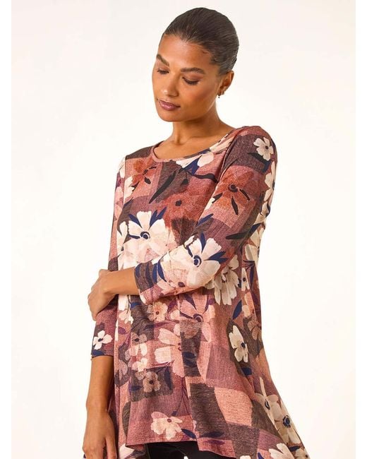 Roman Women's Red Floral Print Hanky Hem Stretch Shirt