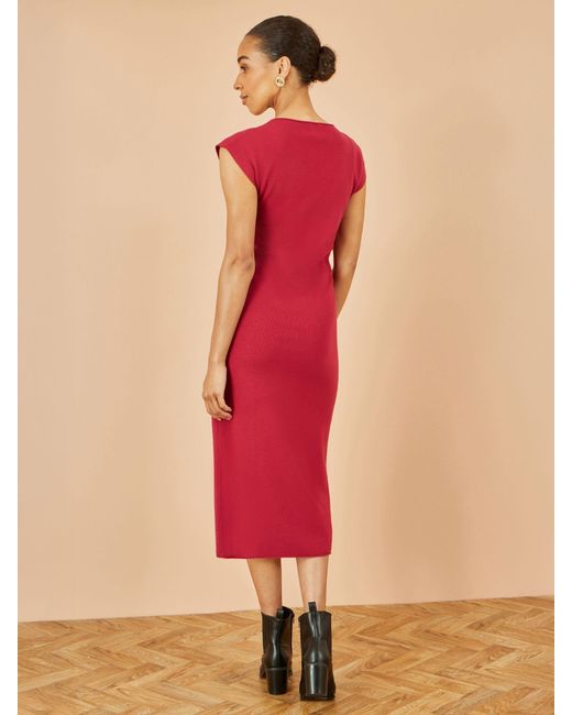 Yumi' Pink Knitted Ruched Midi Dress