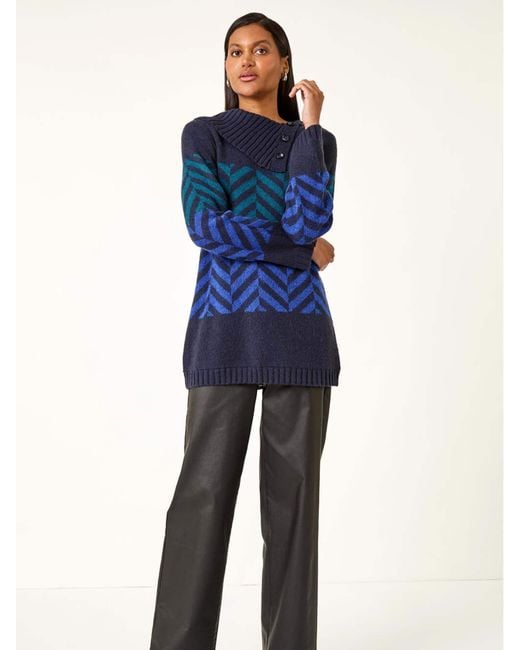 Roman Blue Stripe Roll Neck Knit Jumper