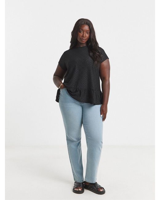 Simply Be Black 100% Cotton Broderie Cap Sleeve Peplum Top