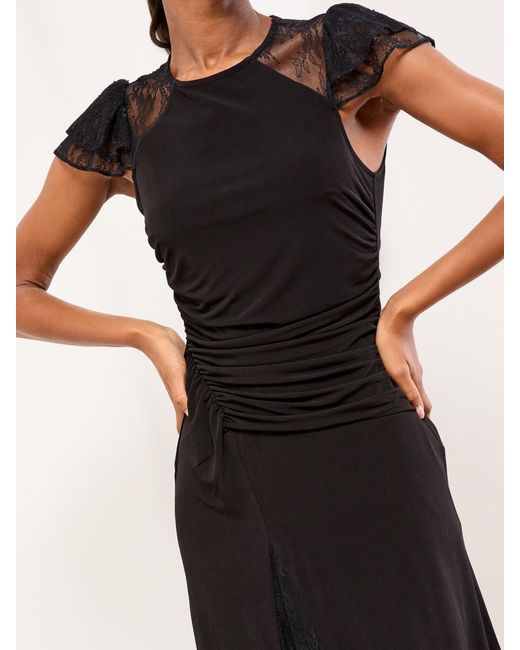 Lipsy Black Lace Insert Ruched Asymmetrical Fit And Flare Midi Dress