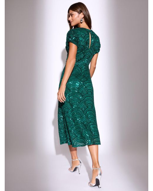 Lipsy Green Sleeve Fit Premium Sequin Embellished Short And Flare Midi Dress