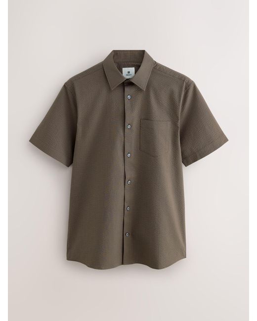Next Brown Regular Fit Short Sleeve Seersucker Shirt for men