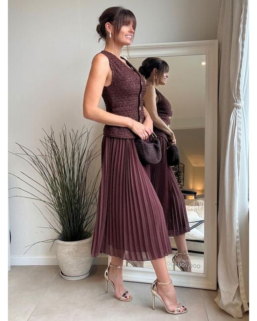 Style Cheat Brown Waistcoat Pleated Midi Dress