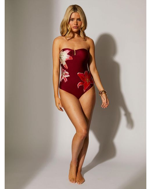 South Beach Red Floral U Wire Bandeau Tummy Control Swimsuit With Removable Straps