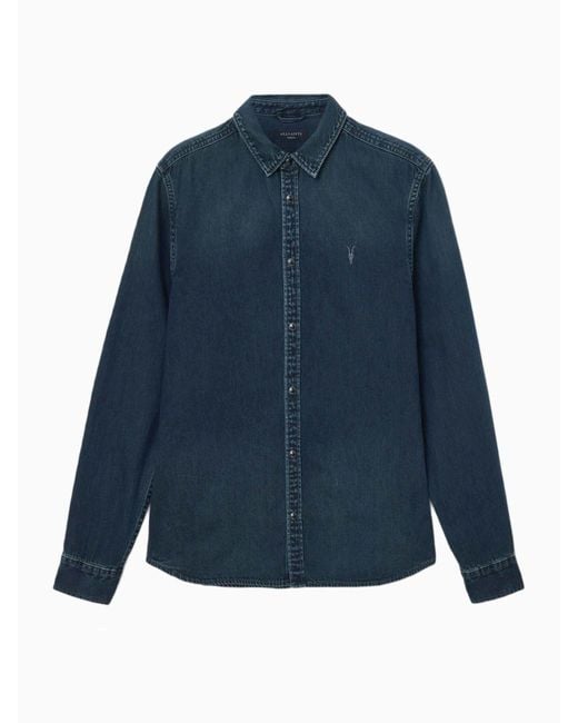 AllSaints Blue Allsaints Gleason Long Sleeve Press Stud Shirt for men