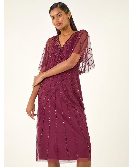 Roman Purple Beaded V-Neck Midi Dress